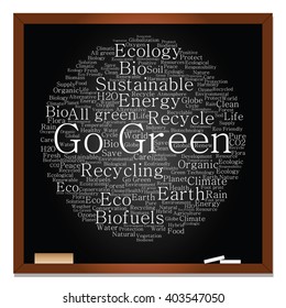 Vector concept or conceptual abstract green ecology, conservation word cloud text, blackboard background, metaphor to environment, recycle, earth, alternative, protection, energy, eco friendly or bio