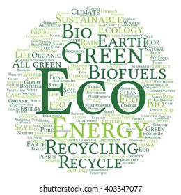 Vector concept or conceptual abstract green ecology and conservation word cloud text on white background, metaphor to environment, recycle, earth, alternative, protection, energy, eco friendly or bio