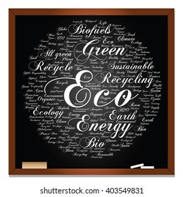 Vector concept or conceptual abstract green ecology, conservation word cloud text, blackboard background, metaphor to environment, recycle, earth, alternative, protection, energy, eco friendly or bio