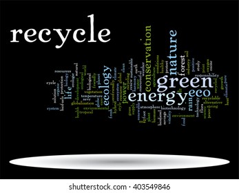 Concepto vectorial o ecología verde abstracta conceptual y conservación palabra texto en nube sobre fondo negro, metáfora al medio ambiente, reciclar, tierra, alternativa, protección, energía, eco-amigable o bio