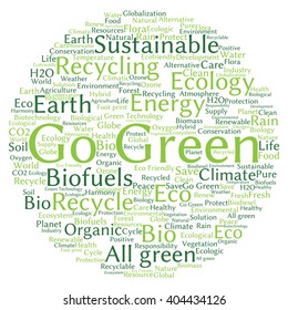 Concepto vectorial o ecología verde abstracta conceptual y conservación palabra en nube texto sobre fondo blanco, metáfora al medio ambiente, reciclar, tierra, alternativa, protección, energía, eco-amigable o bio