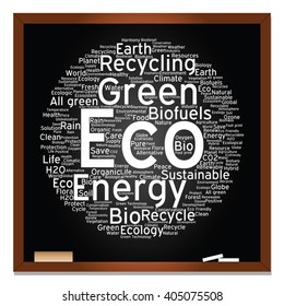 Vector concept or conceptual abstract green ecology, conservation word cloud text, blackboard background, metaphor to environment, recycle, earth, alternative, protection, energy, eco friendly or bio