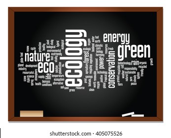 Vector concept or conceptual abstract green ecology, conservation word cloud text, blackboard background, metaphor to environment, recycle, earth, alternative, protection, energy, eco friendly or bio