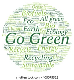 Concepto vectorial o ecología verde abstracta conceptual y conservación palabra en nube texto sobre fondo blanco, metáfora al medio ambiente, reciclar, tierra, alternativa, protección, energía, eco-amigable o bio