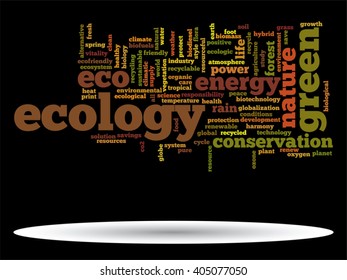 Vector concept or conceptual abstract green ecology and conservation word cloud text on black background, metaphor to environment, recycle, earth, alternative, protection, energy, eco friendly or bio