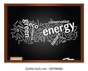 Vector concept or conceptual abstract green ecology, conservation word cloud text, blackboard background, metaphor to environment, recycle, earth, alternative, protection, energy, eco friendly or bio