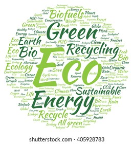 Vector concept or conceptual abstract green ecology and conservation word cloud text on white background, metaphor to environment, recycle, earth, alternative, protection, energy, eco friendly or bio