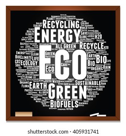 Vector concept or conceptual abstract green ecology, conservation word cloud text, blackboard background, metaphor to environment, recycle, earth, alternative, protection, energy, eco friendly or bio