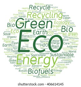 Concepto vectorial o ecología verde abstracta conceptual y conservación palabra en nube texto sobre fondo blanco, metáfora al medio ambiente, reciclar, tierra, alternativa, protección, energía, eco-amigable o bio