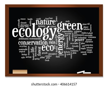 Vector concept or conceptual abstract green ecology, conservation word cloud text, blackboard background, metaphor to environment, recycle, earth, alternative, protection, energy, eco friendly or bio
