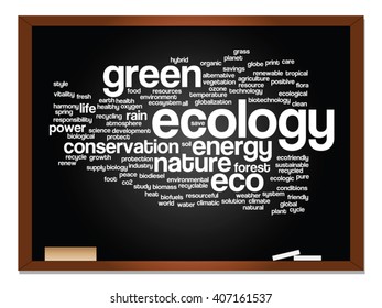 Vector concept or conceptual abstract green ecology, conservation word cloud text, blackboard background, metaphor to environment, recycle, earth, alternative, protection, energy, eco friendly or bio