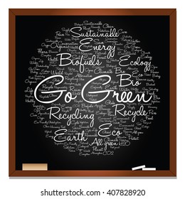 Vector concept or conceptual abstract green ecology, conservation word cloud text, blackboard background, metaphor to environment, recycle, earth, alternative, protection, energy, eco friendly or bio