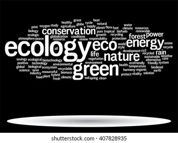 Vector concept or conceptual abstract green ecology and conservation word cloud text on black background, metaphor to environment, recycle, earth, alternative, protection, energy, eco friendly or bio