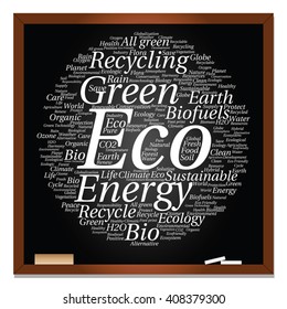 Vector concept or conceptual abstract green ecology, conservation word cloud text, blackboard background, metaphor to environment, recycle, earth, alternative, protection, energy, eco friendly or bio