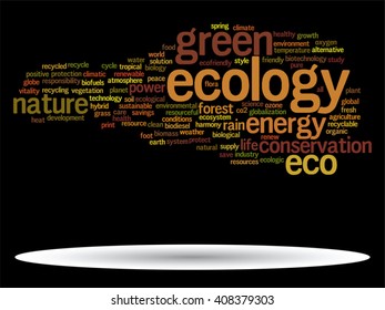 Vector concept or conceptual abstract green ecology and conservation word cloud text on black background, metaphor to environment, recycle, earth, alternative, protection, energy, eco friendly or bio