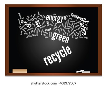 Vector concept or conceptual abstract green ecology, conservation word cloud text, blackboard background, metaphor to environment, recycle, earth, alternative, protection, energy, eco friendly or bio
