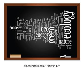 Vector concept or conceptual abstract green ecology, conservation word cloud text, blackboard and chalk background