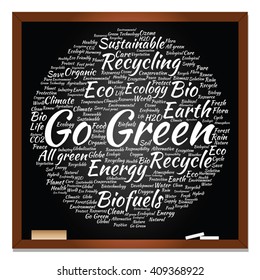 Vector concept or conceptual abstract green ecology, conservation word cloud text, blackboard background, metaphor to environment, recycle, earth, alternative, protection, energy, eco friendly or bio