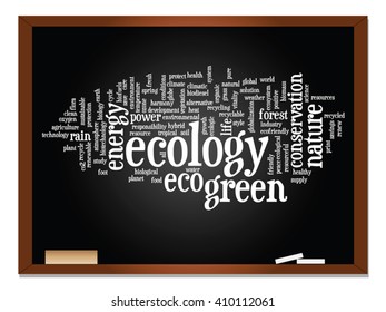 Vector concept or conceptual abstract green ecology, conservation word cloud text, blackboard background, metaphor to environment, recycle, earth, alternative, protection, energy, eco friendly or bio