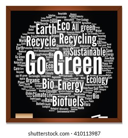 Vector concept or conceptual abstract green ecology, conservation word cloud text, blackboard background, metaphor to environment, recycle, earth, alternative, protection, energy, eco friendly or bio