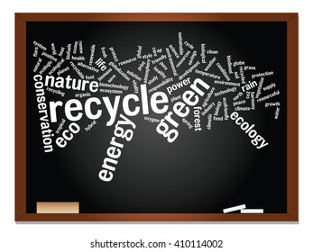 Vector concept or conceptual abstract green ecology, conservation word cloud text, blackboard background, metaphor to environment, recycle, earth, alternative, protection, energy, eco friendly or bio