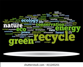 Vector concept or conceptual abstract green ecology and conservation word cloud text on black background, metaphor to environment, recycle, earth, alternative, protection, energy, eco friendly or bio