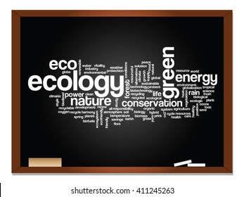 Vector concept or conceptual abstract green ecology, conservation word cloud text, blackboard background, metaphor to environment, recycle, earth, alternative, protection, energy, eco friendly or bio