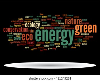 Vector concept or conceptual abstract green ecology and conservation word cloud text on black background, metaphor to environment, recycle, earth, alternative, protection, energy, eco friendly or bio