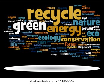Vector concept or conceptual abstract green ecology and conservation word cloud text on black background, metaphor to environment, recycle, earth, alternative, protection, energy, eco friendly or bio