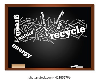 Vector concept or conceptual abstract green ecology, conservation word cloud text, blackboard background, metaphor to environment, recycle, earth, alternative, protection, energy, eco friendly or bio