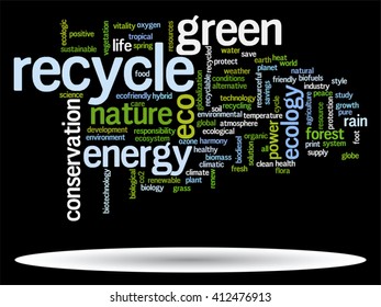 Vector concept or conceptual abstract green ecology and conservation word cloud text on black background, metaphor to environment, recycle, earth, alternative, protection, energy, eco friendly or bio