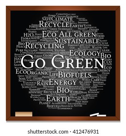 Vector concept or conceptual abstract green ecology, conservation word cloud text, blackboard background, metaphor to environment, recycle, earth, alternative, protection, energy, eco friendly or bio