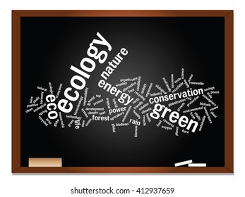 Vector concept or conceptual abstract green ecology, conservation word cloud text, blackboard background, metaphor to environment, recycle, earth, alternative, protection, energy, eco friendly or bio