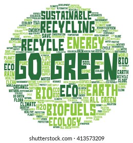 Concepto vectorial o ecología verde abstracta conceptual y conservación palabra en nube texto sobre fondo blanco, metáfora al medio ambiente, reciclar, tierra, alternativa, protección, energía, eco-amigable o bio