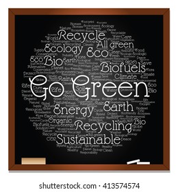 Vector concept or conceptual abstract green ecology, conservation word cloud text, blackboard background, metaphor to environment, recycle, earth, alternative, protection, energy, eco friendly or bio