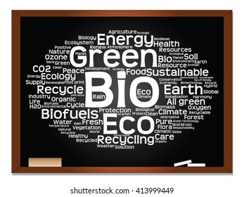 Vector concept or conceptual abstract green ecology, conservation word cloud text, blackboard background, metaphor to environment, recycle, earth, alternative, protection, energy, eco friendly or bio