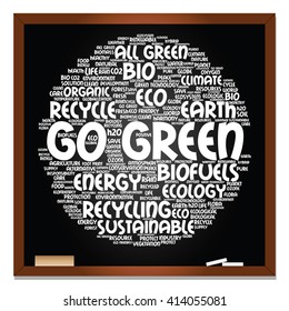 Vector concept or conceptual abstract green ecology, conservation word cloud text, blackboard background, metaphor to environment, recycle, earth, alternative, protection, energy, eco friendly or bio