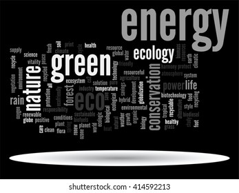 Vector concept or conceptual abstract green ecology and conservation word cloud text on black background, metaphor to environment, recycle, earth, alternative, protection, energy, eco friendly or bio