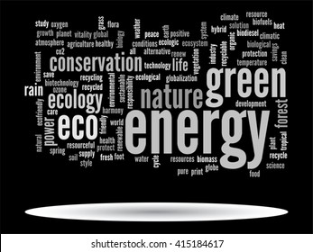 Vektor-Konzept oder konzeptionell abstrakte grüne Ökologie und Konservierungswortwolke auf schwarzem Hintergrund, Metapher für Umwelt, Recycling, Erde, Alternative, Schutz, Energie, umweltfreundlich oder bio