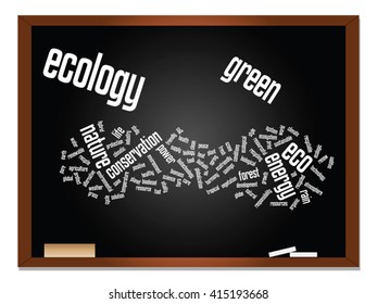 Vector concept or conceptual abstract green ecology, conservation word cloud text, blackboard background, metaphor to environment, recycle, earth, alternative, protection, energy, eco friendly or bio