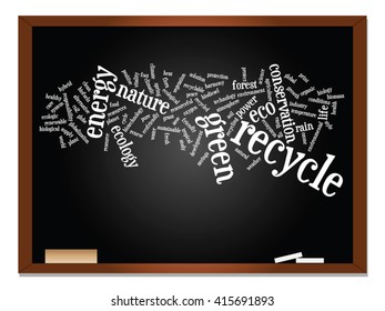 Vector concept or conceptual abstract green ecology, conservation word cloud text, blackboard background, metaphor to environment, recycle, earth, alternative, protection, energy, eco friendly or bio