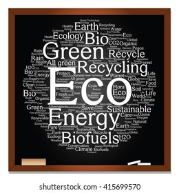 Vector concept or conceptual abstract green ecology, conservation word cloud text, blackboard background, metaphor to environment, recycle, earth, alternative, protection, energy, eco friendly or bio