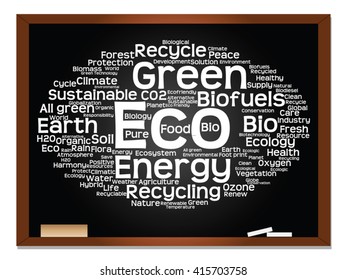 Vector concept or conceptual abstract green ecology, conservation word cloud text, blackboard background, metaphor to environment, recycle, earth, alternative, protection, energy, eco friendly or bio
