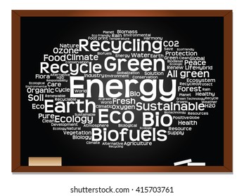 Vector concept or conceptual abstract green ecology, conservation word cloud text, blackboard background, metaphor to environment, recycle, earth, alternative, protection, energy, eco friendly or bio