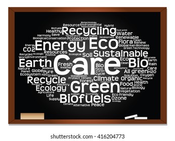 Vector concept or conceptual abstract green ecology, conservation word cloud text, blackboard background, metaphor to environment, recycle, earth, alternative, protection, energy, eco friendly or bio