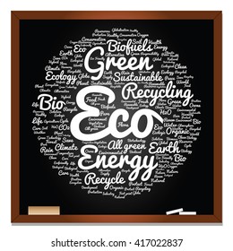 Vector concept or conceptual abstract green ecology, conservation word cloud text, blackboard background, metaphor to environment, recycle, earth, alternative, protection, energy, eco friendly or bio
