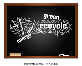 Vector concept or conceptual abstract green ecology, conservation word cloud text, blackboard background, metaphor to environment, recycle, earth, alternative, protection, energy, eco friendly or bio