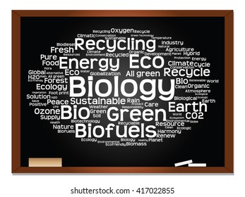 Vector concept or conceptual abstract green ecology, conservation word cloud text, blackboard background, metaphor to environment, recycle, earth, alternative, protection, energy, eco friendly or bio