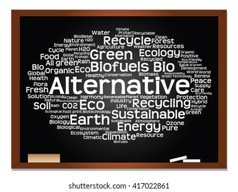 Vector concept or conceptual abstract green ecology, conservation word cloud text, blackboard background, metaphor to environment, recycle, earth, alternative, protection, energy, eco friendly or bio