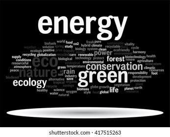 Vector concept or conceptual abstract green ecology and conservation word cloud text on black background, metaphor to environment, recycle, earth, alternative, protection, energy, eco friendly or bio